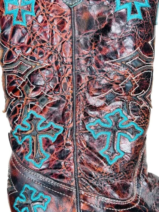 Corral Whiskey Turquoise Three Cross Snip Toe Boots 8.5M Women Brown Teal Wester - Picture 7 of 9